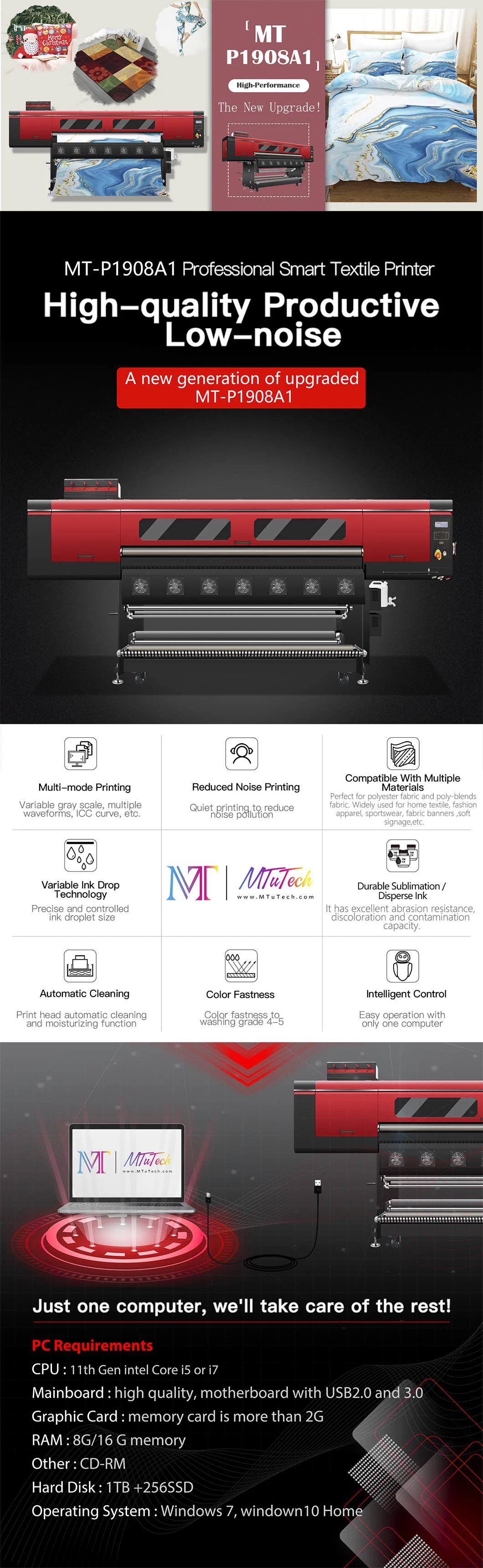 MT High Performance Large format Dye Sublimation Printer Machine MT-P1908A1 for Home Textile, Sportswear and Soft Signage Printing