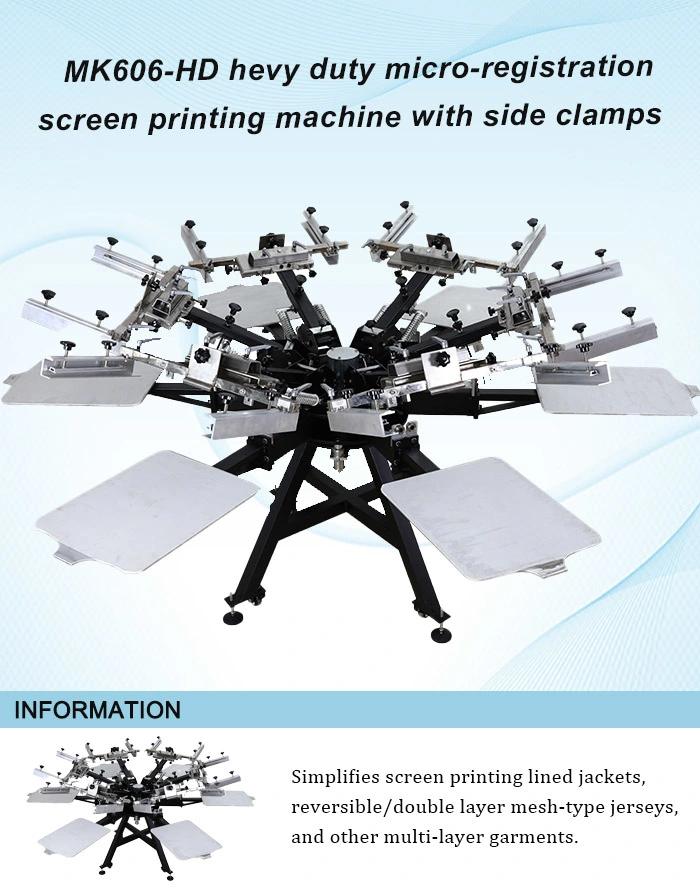 Hot Selling Mk606-HD Hevy Duty Micro-Registration Manual Silk Screen Printer Textile Carousel Screen Printing Machine with Side Clamps