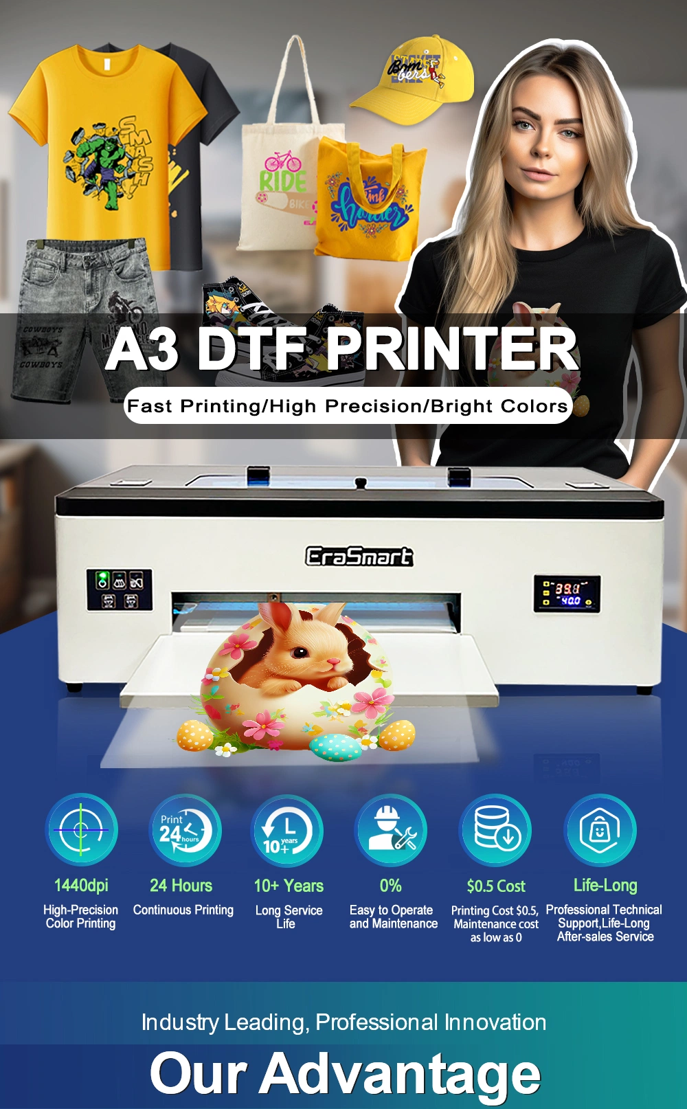 Erasmart Small Desktop Digital Fabric Textile Garment Impresora L1800 A3 Dtf Printer Pet Film Heat Transfer Press Inkjet Tshirt T-Shirt T Shirt Printing Machine